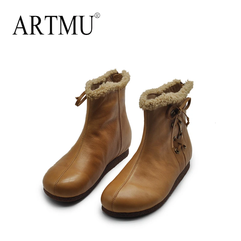 Artmu阿木复古真皮短靴女新款秋平底棕色靴子女蝴蝶结软底1821-91