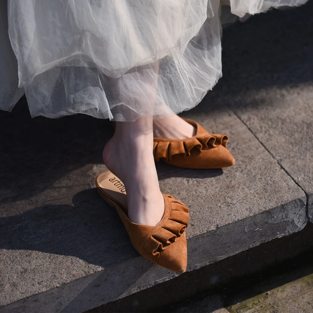 Artmu阿木原创尖头荷叶边包头半拖鞋夏外穿新款皮拖鞋平底PG16-4