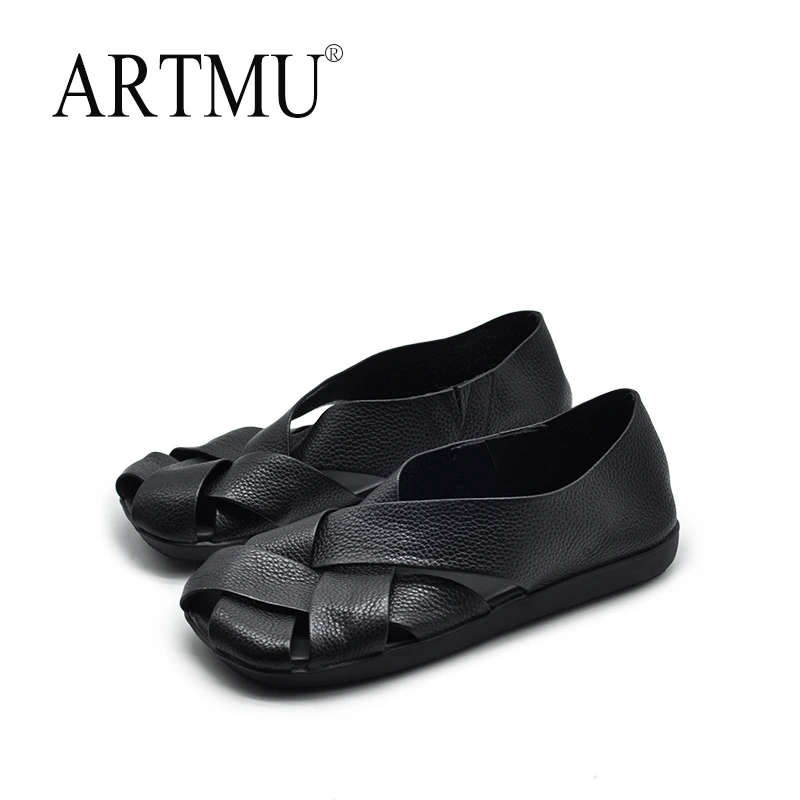 Artmu阿木夏季新款镂空软底凉鞋女舒适黑色平底编织女鞋9030