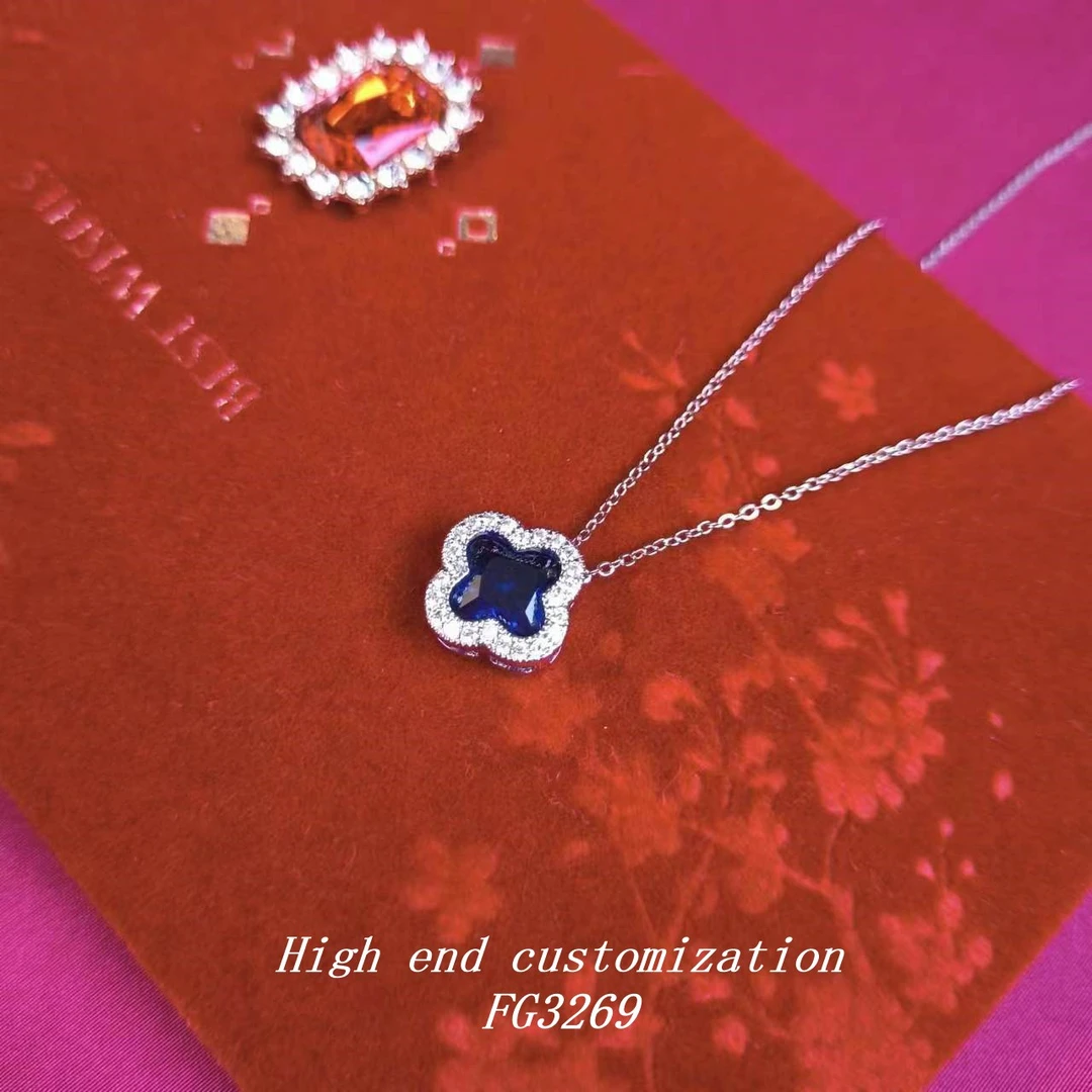 铜合金项链 蓝色四叶草吊坠闪亮璀璨精美欧洲时尚项链 FG3269