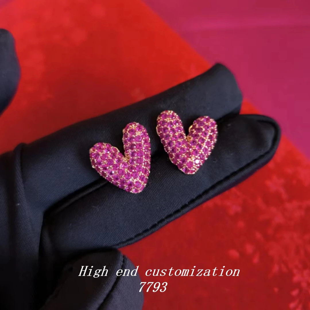 铜合金耳饰 红色闪亮满钻爱心桃心轻奢圣诞元旦礼物耳环 7793