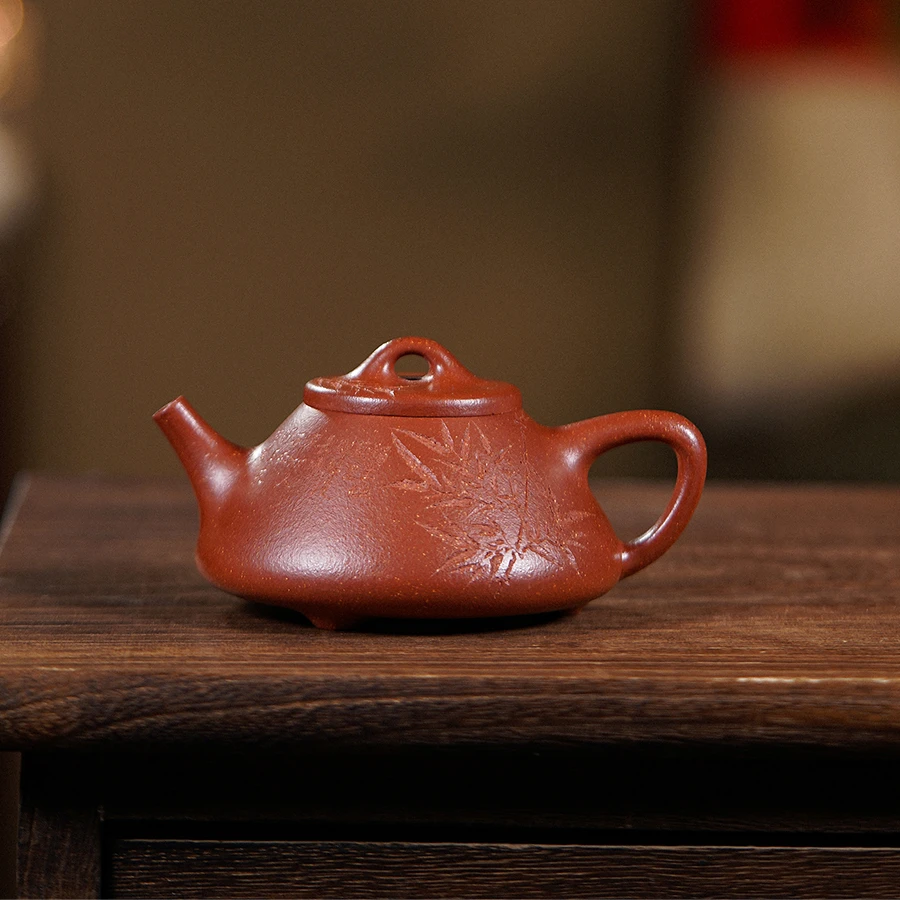 遇壶堂子冶石瓢(刻绘）150cc红降坡宜兴手工原矿紫砂壶0752泡茶壶