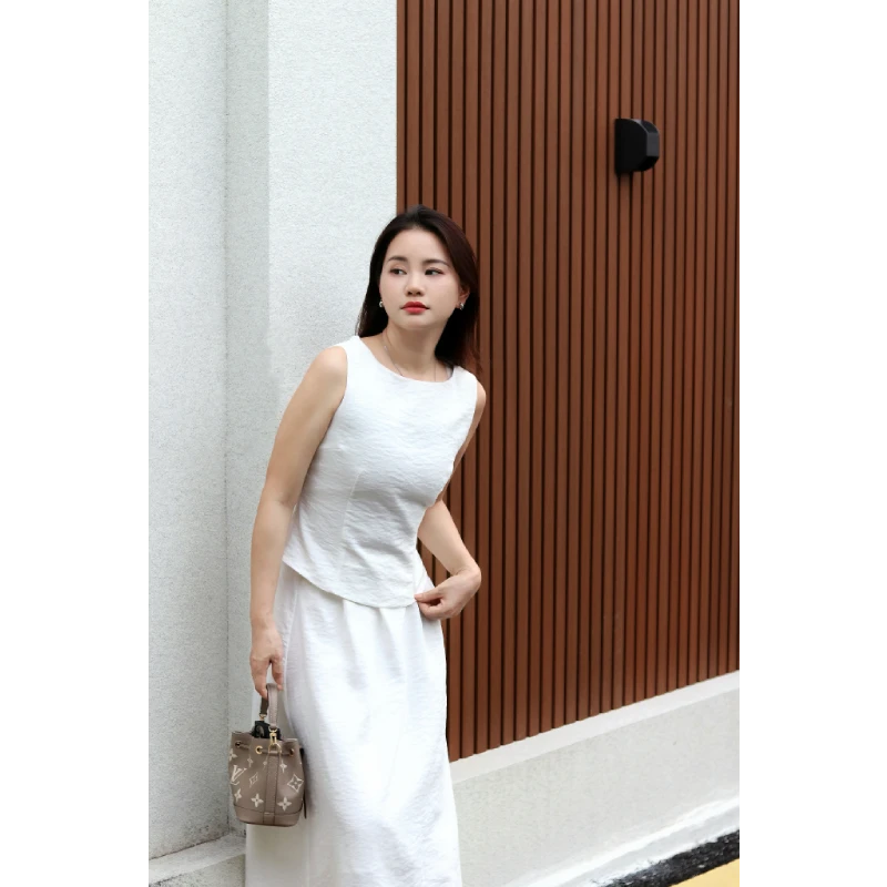 0478娜娜同款平替清纯小白花夏季设计感收腰无袖上衣毕业裙套装女