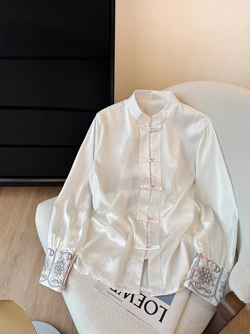 【清鸳】新中式国风气质潮流长袖春夏薄款春款女装复古袖口刺绣衬衫