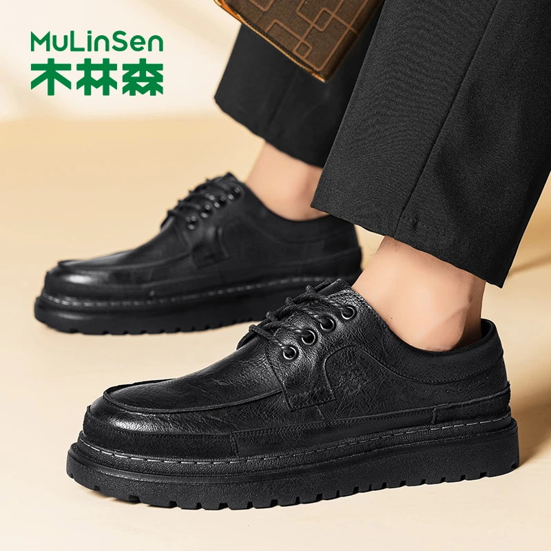 木林森系带休闲皮鞋男板鞋新款爆款冬季透气轻便软皮舒适商务皮鞋