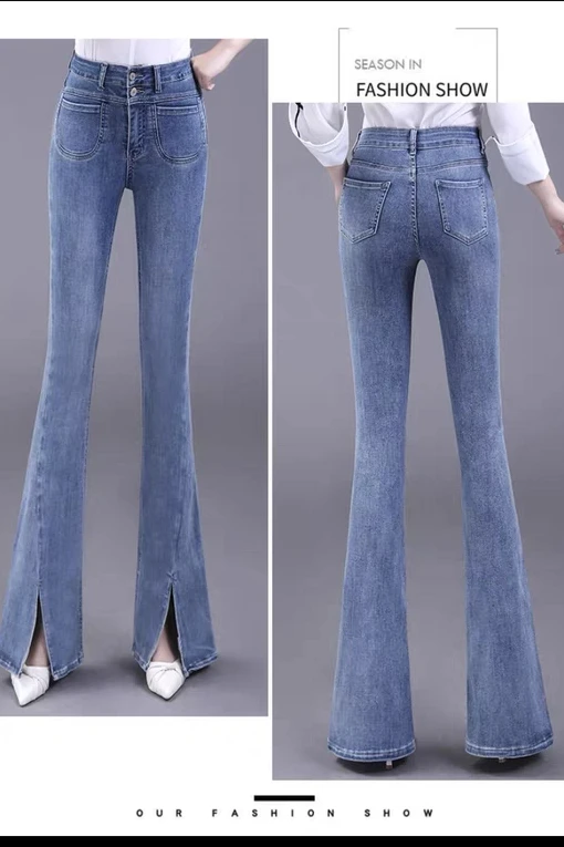 韩版2024春夏新高弹牛仔微喇裤女高腰显瘦叉拖地马蹄喇叭裤