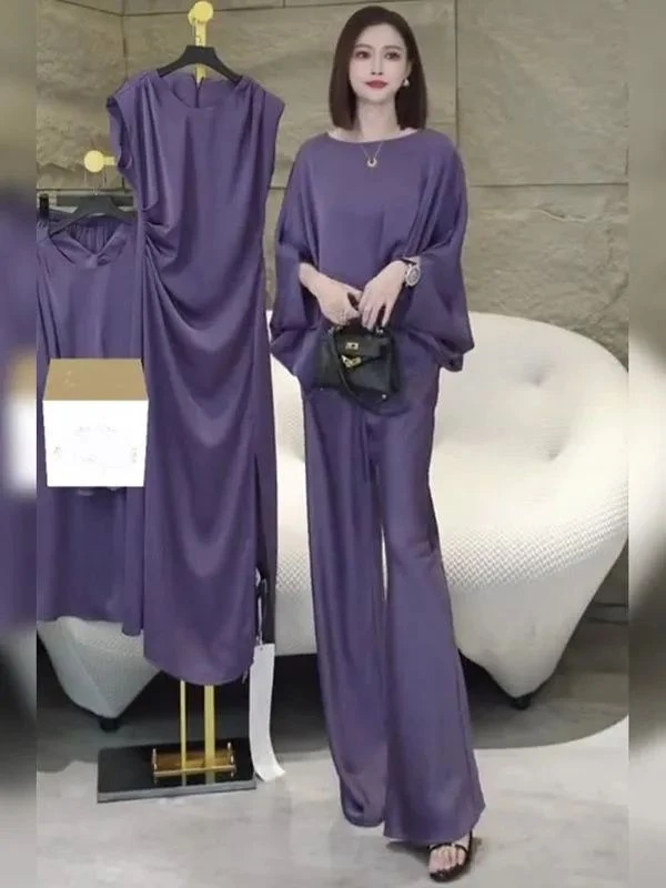 早春新款紫色时尚套装女高级感不规则优雅上衣宽松阔腿裤两件套夏
