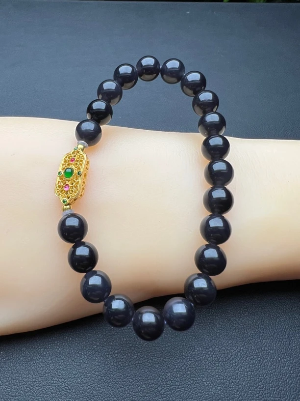 天然和田玉烟紫帝W紫8mm手链搭配18k金配饰