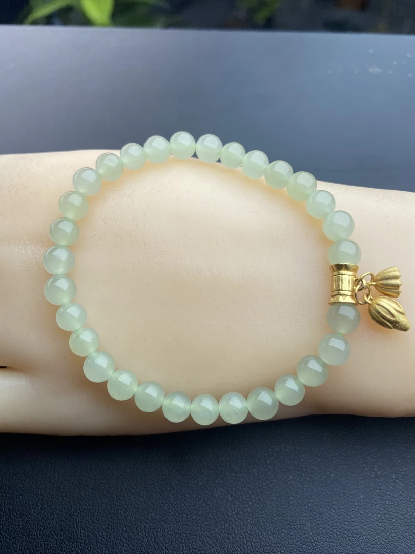 天然和田玉冰晴水手链（6mm）搭配S925银两世欢莲花莲蓬时尚百搭手