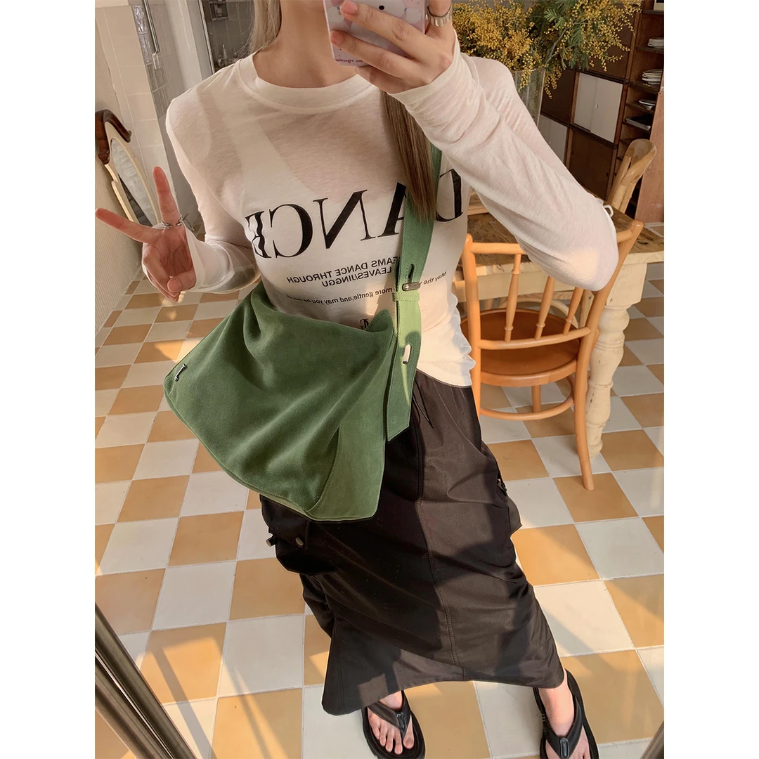 晶咕白标~一眼心动的绿~麂皮绒单肩斜挎大容量托特包复古小众肩包