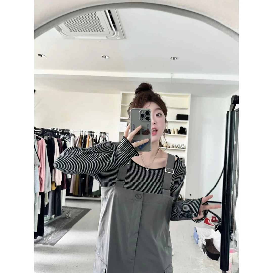 晶咕蕾蕾【条纹艺术】韩系U领条纹撞色拼接长袖简约上衣长袖针织衫