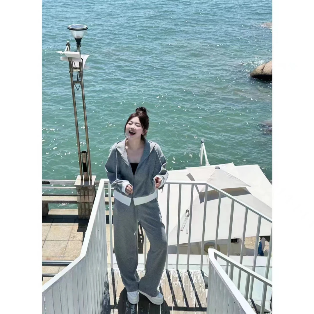 晶咕【休闲公式-外套】连帽抽绳拉链下摆拼白边长袖卫衣外套