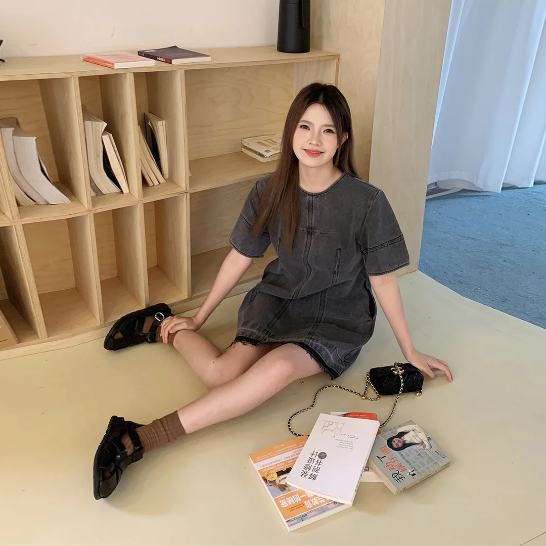 晶咕白标~老友日记复古水洗拼接毛边牛仔连衣裙夏季时尚百搭裙