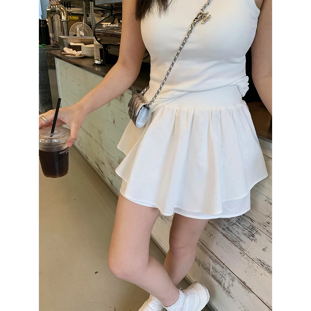 晶咕白标~云母芭蕾~假两件双层裙摆拼接蓬蓬裙裤显瘦半身裙小个子