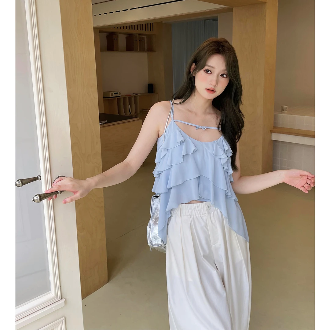 晶咕白标~水波温柔浪漫荷叶边不规则下摆小吊带夏季时尚性感吊带