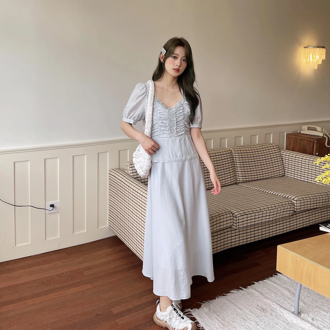晶咕白标~彼得潘少女胸前抽褶小木耳边长连衣裙夏季时尚显瘦裙子