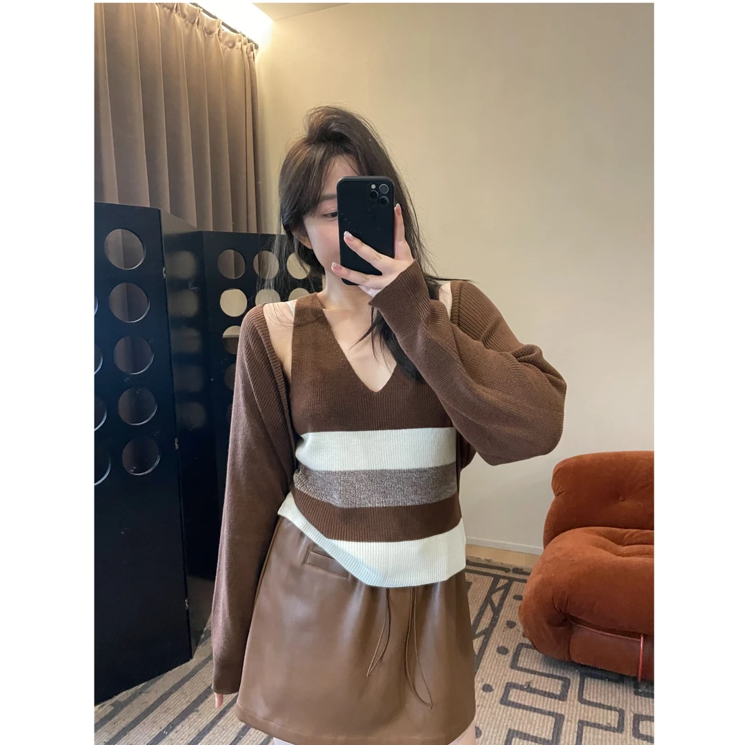 晶咕【温柔早秋】法式早秋条纹针织背心开衫两件套气质网红长袖