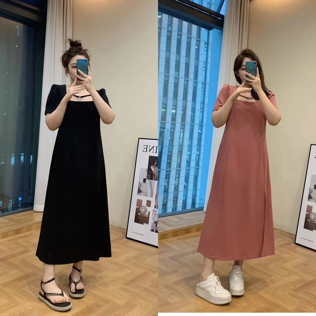 晶咕 纸片人前开叉方领连衣裙显瘦夏季宽松韩版百搭休闲