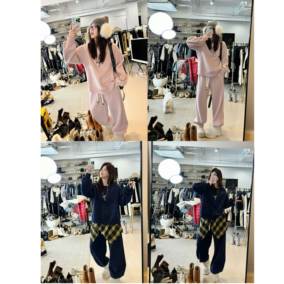 晶咕【早八穿搭】螺纹圆领纯色宽松卫衣+全松紧腰抽绳阔腿裤