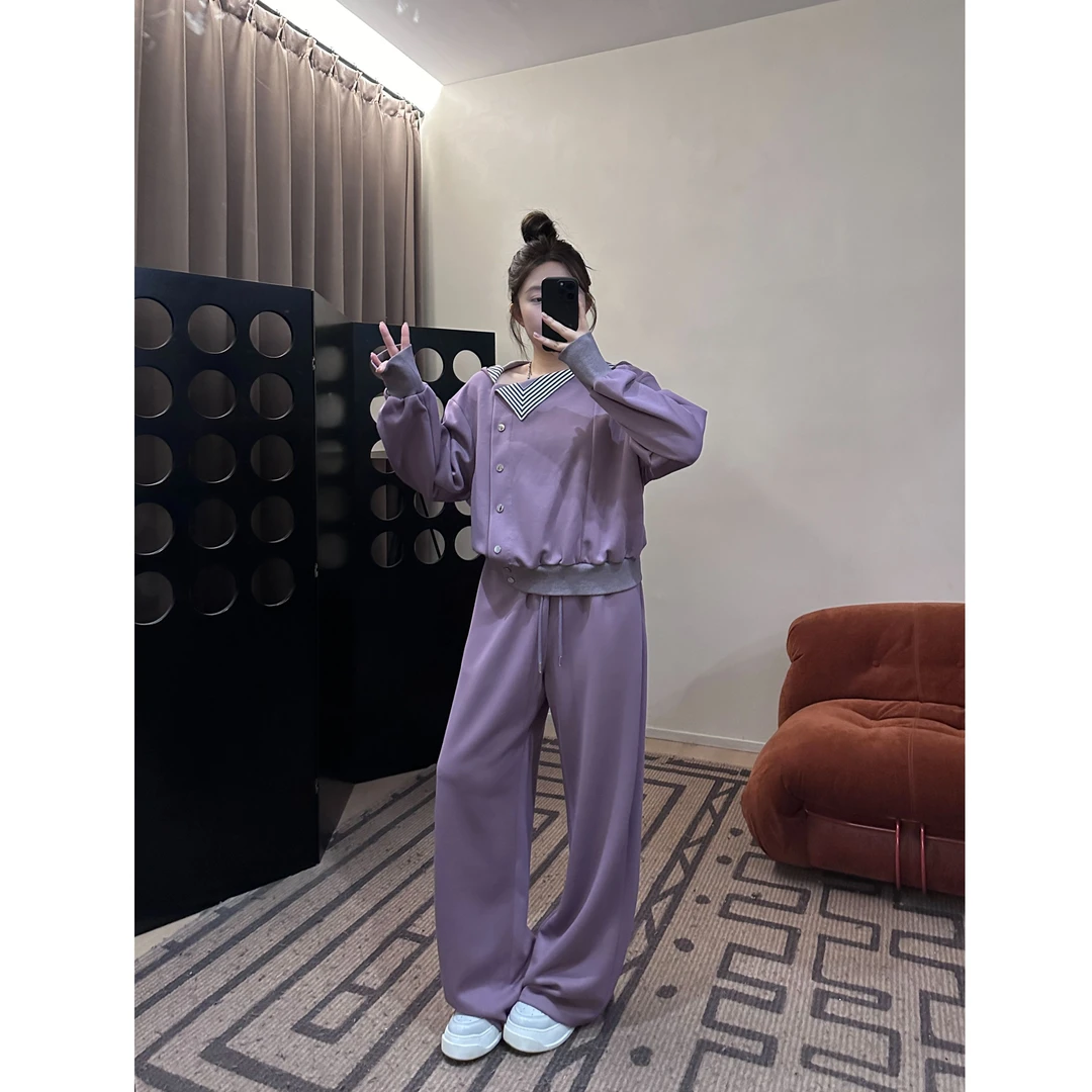 晶咕【暮秋晚风-卫衣】斜肩不规则卫衣+高腰阔腿裤套装休闲气质