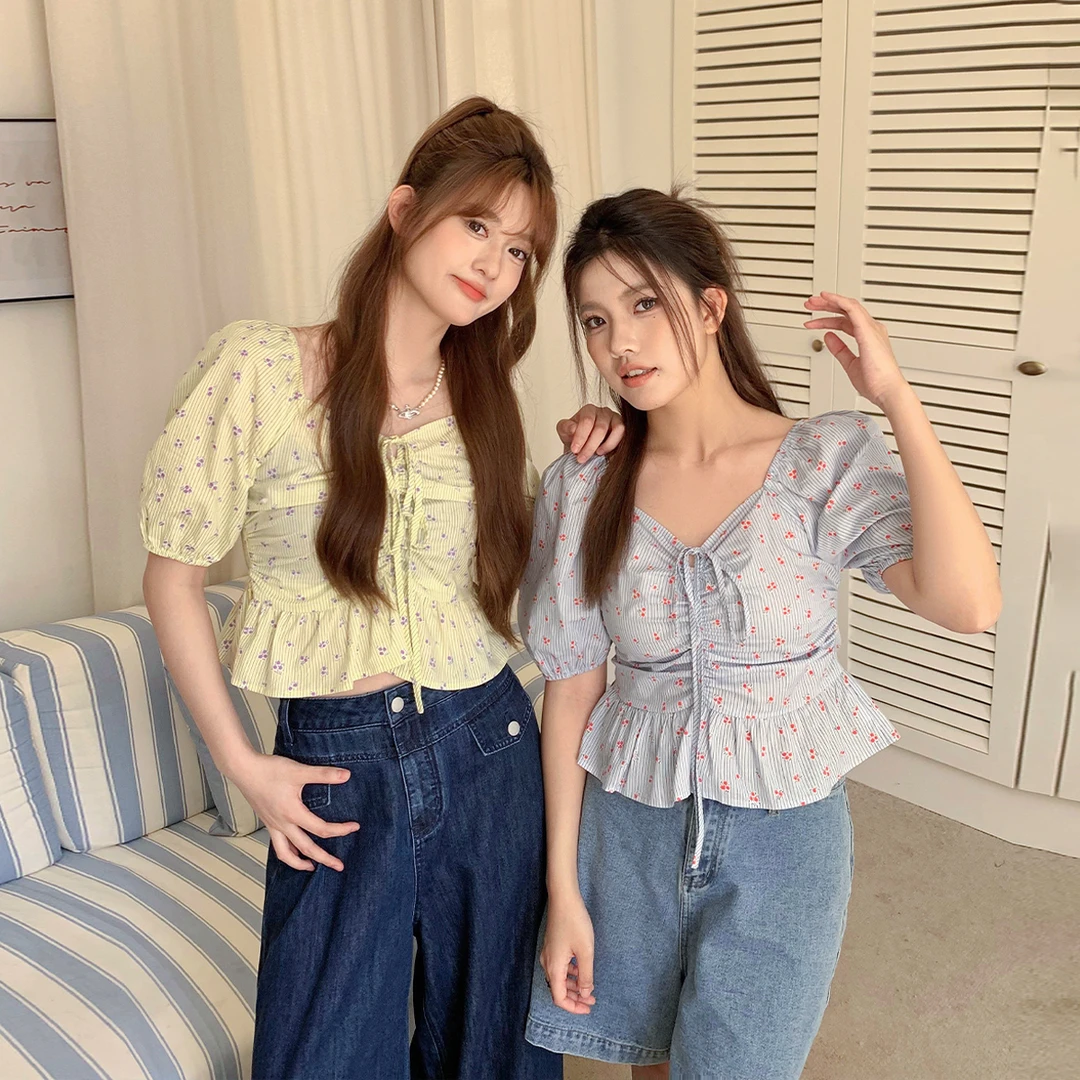 晶咕白标~短款法式胸前抽褶系带碎花小衫女夏季大码短袖上衣