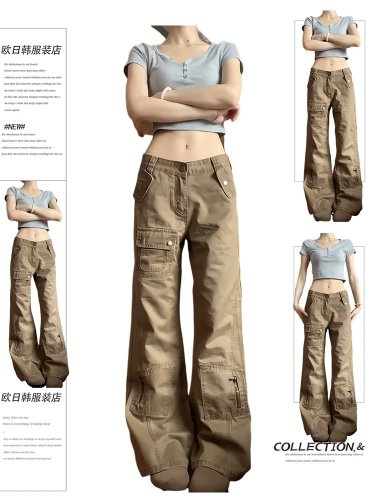 美式多口袋卡其色微喇牛仔裤女冬季新款复古休闲直筒喇叭工装裤子