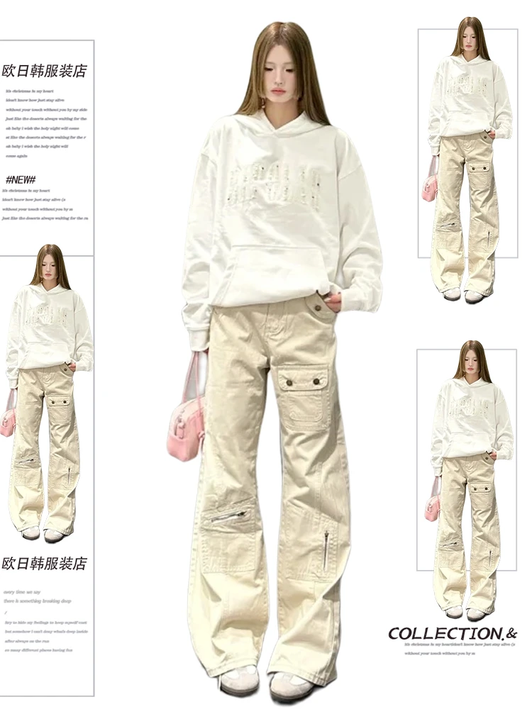 美式高街多口袋微喇牛仔裤女2025冬季新款辣妹显瘦垂感拖地工装裤