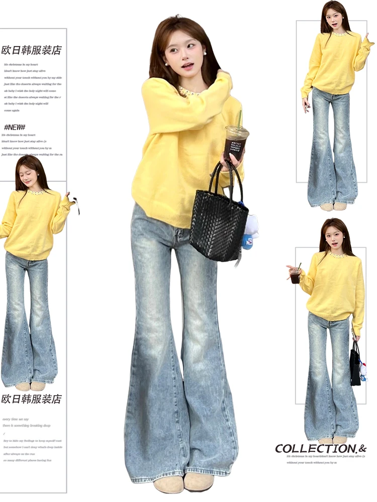 美式复古设计感辣妹微喇裤秋季2025新款修身显瘦阔腿拖地牛仔长裤