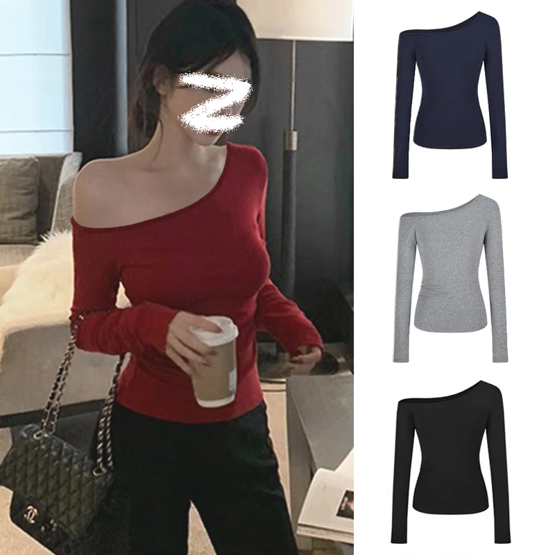 红色露肩长袖t恤女早秋新款时髦设计小众紧身打底衫收腰别致上衣