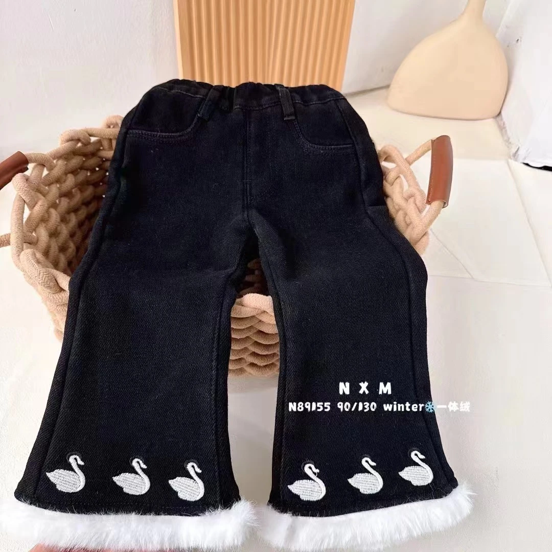 女童加绒牛仔微喇裤 毛毛天鹅89155