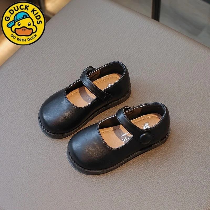 G.DUCK小黄鸭女童皮鞋2025春款黑色公主鞋儿童宝宝豆豆鞋女孩单鞋
