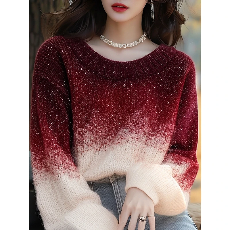 红毛衣女款2024新款洋气慵懒百搭炸街肌理感针织衫花纱打底衫