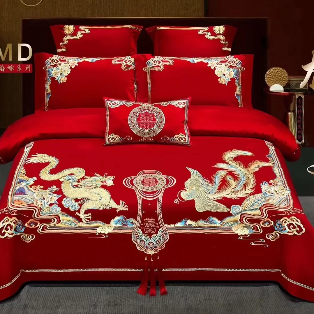 实体店款！婚庆100支双面长绒棉四件套纯棉被套大红色结婚房喜庆