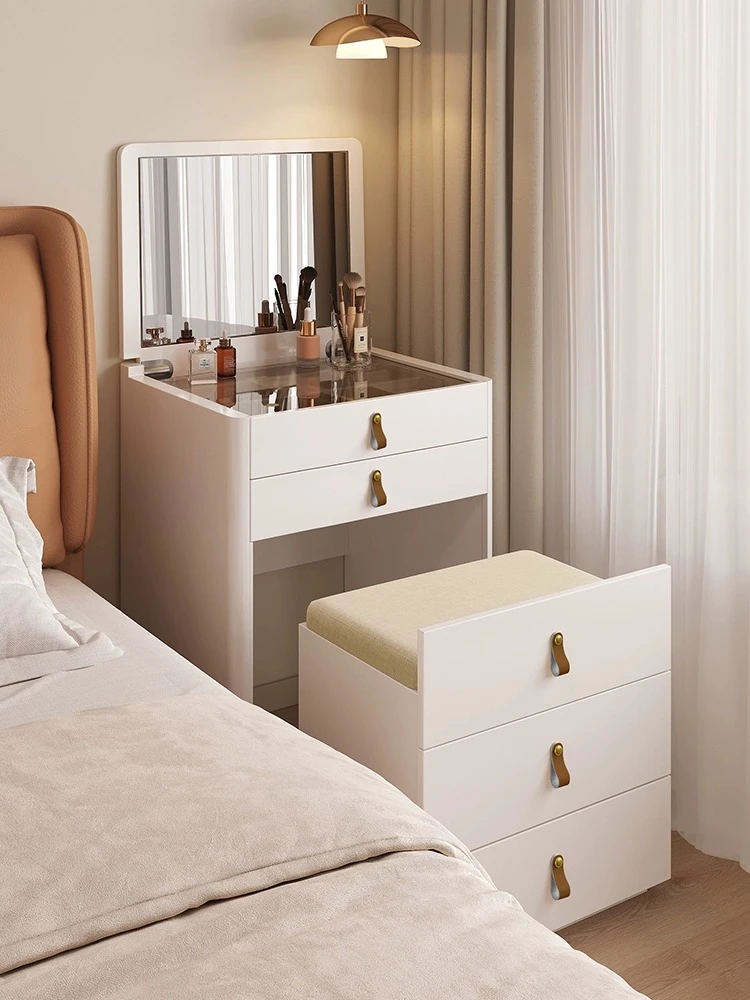 奶油白色床头柜梳妆台收纳一体卧室简约现代小户型卧室翻盖化妆桌