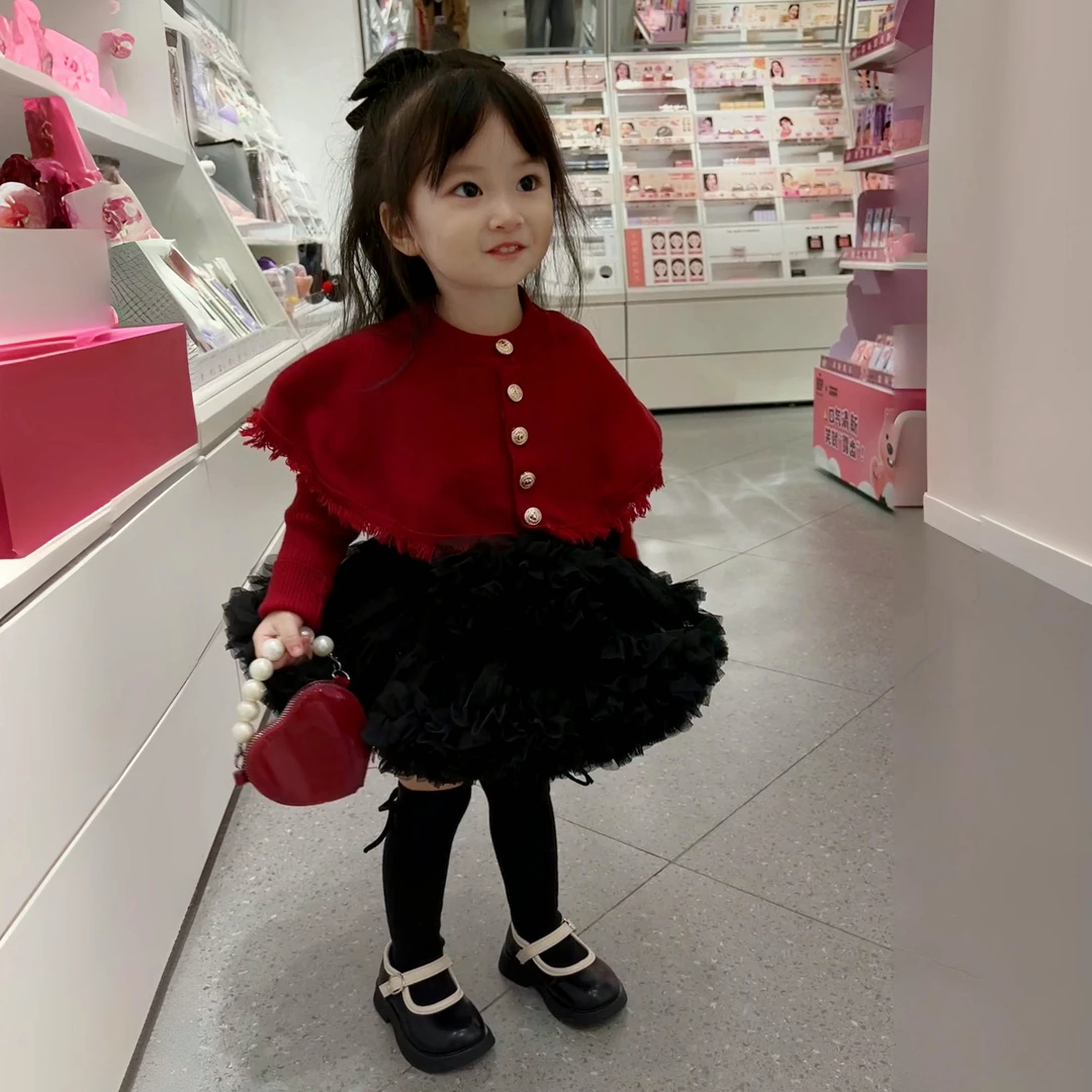 儿童新年红色气质时髦斗篷上衣女宝宝针织衫毛衣冬季女童tutu裙子