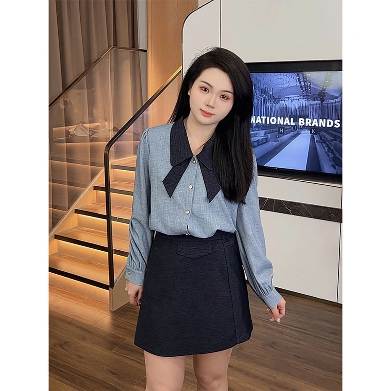 大梦微胖定制【JDM1085】显瘦遮肉法式高级感娃娃领衬衫上衣+半裙