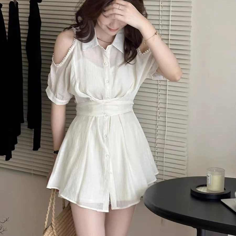 夏季洋气新款气质寸衫套装宽松露肩时尚防晒遮肉显瘦短裤两件套女