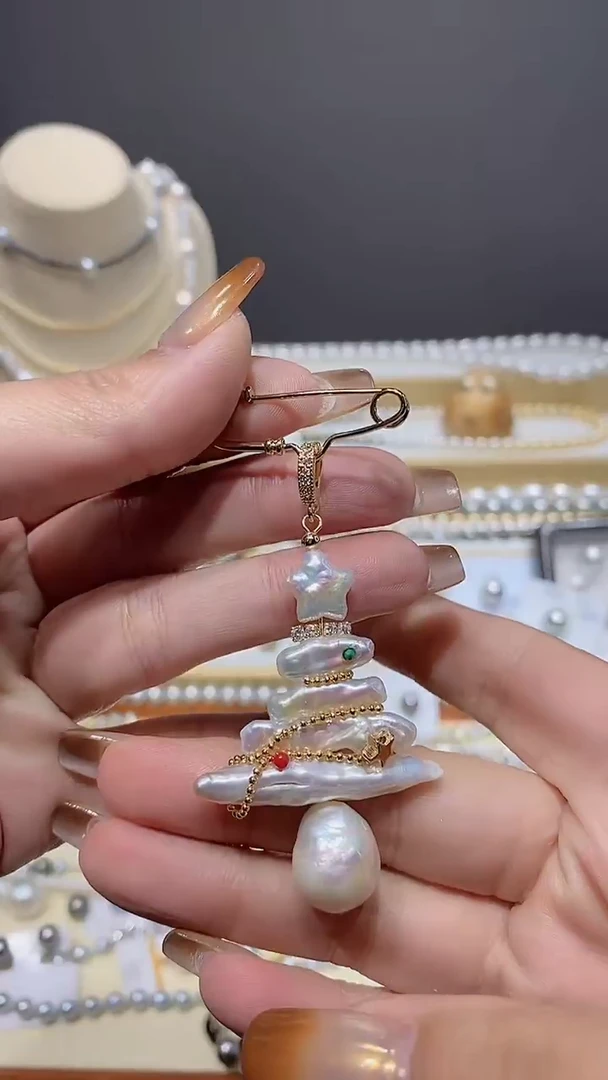 【闪购商品】淡水珍珠胸饰未镶嵌圣诞树胸花