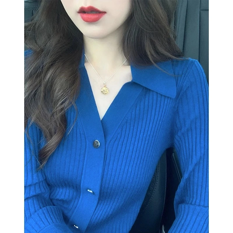 polo针织打底衫克莱因蓝气质毛衣女春秋修身显瘦v领小众内搭上衣