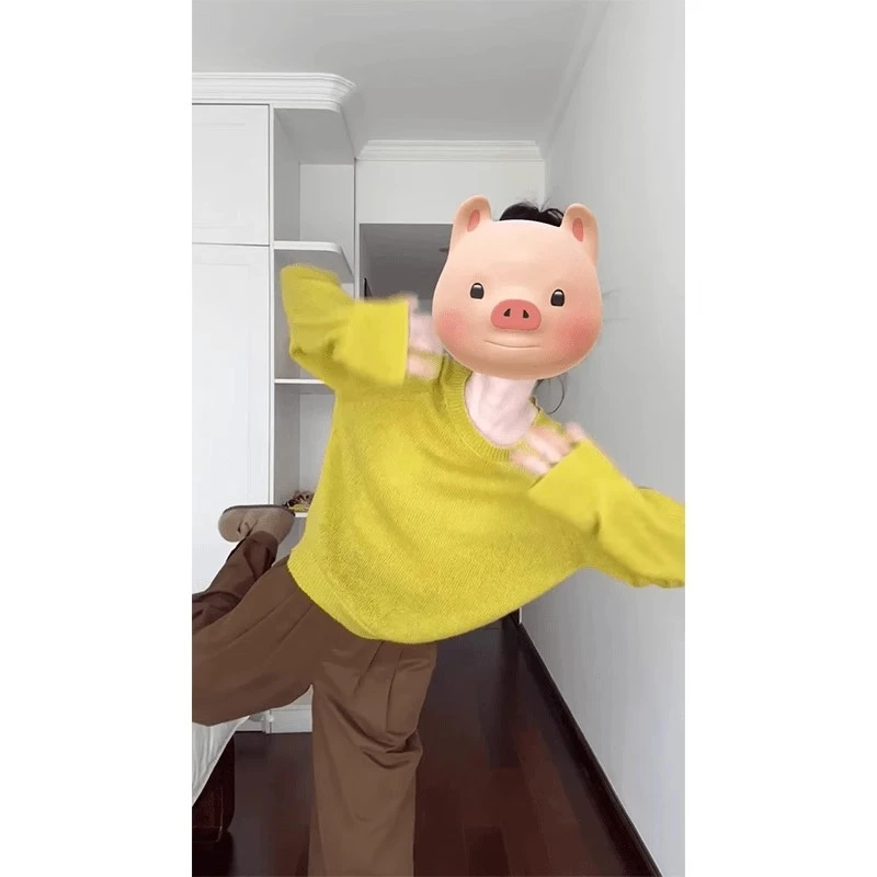 2024新款女秋季韩版简约姜黄色圆领长袖宽松显瘦百搭小众针织上衣