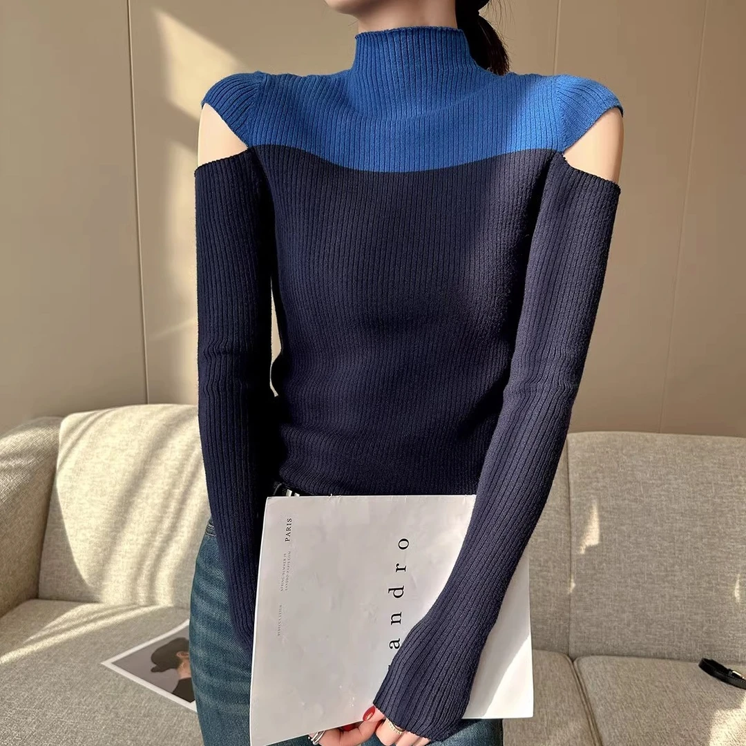 蓝色拼接半高领毛衣女内搭洋气秋冬季针织露肩打底衫撞色中领上衣
