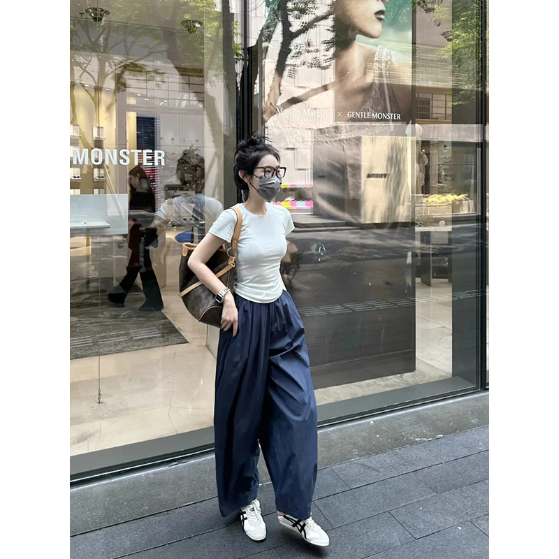 美式修身紧身白色t恤女正肩短袖2024夏季显瘦高腰薄款宽松休闲裤
