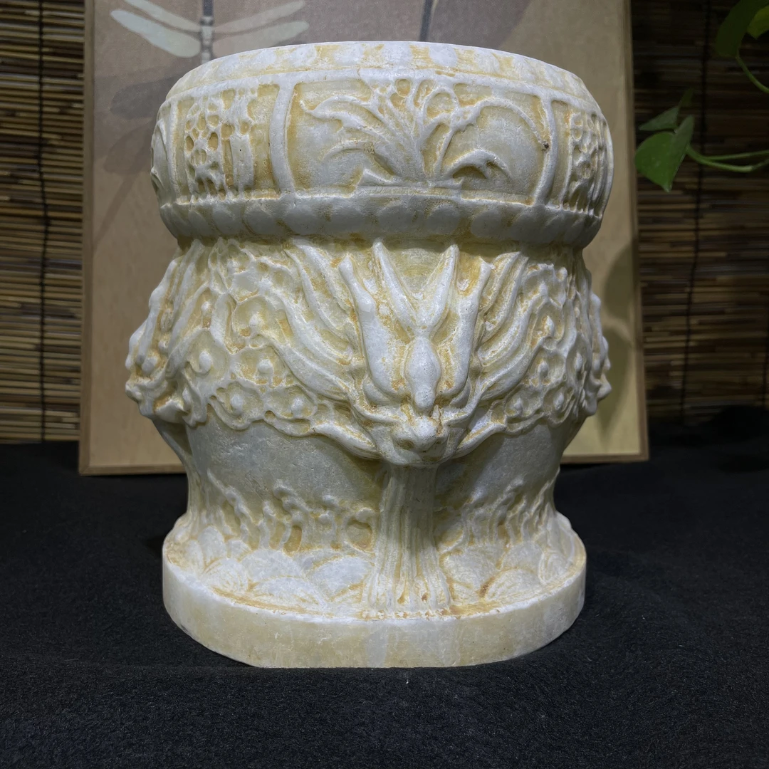 【瑕疵明显杂质】【汉白石】四龙墩白石花盆阳台庭院造景装饰家居摆件