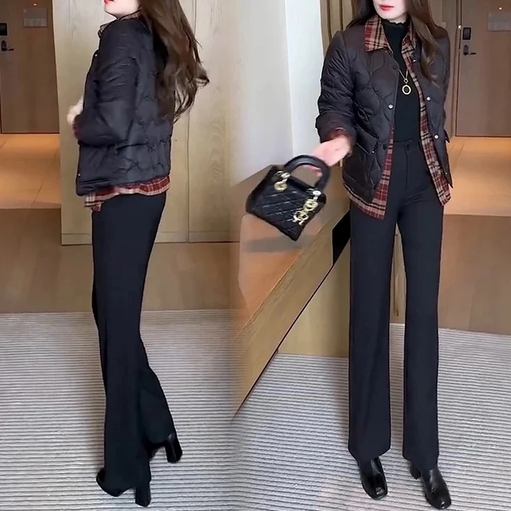 2024秋冬时尚显瘦网红假两件外套新款韩版宽松拼接衬衫休闲棉服女