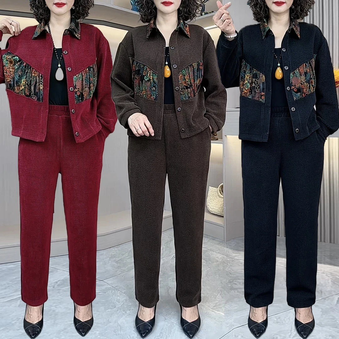 2024年秋季新款妈妈装拼接国风图案时尚洋气显瘦大码套装