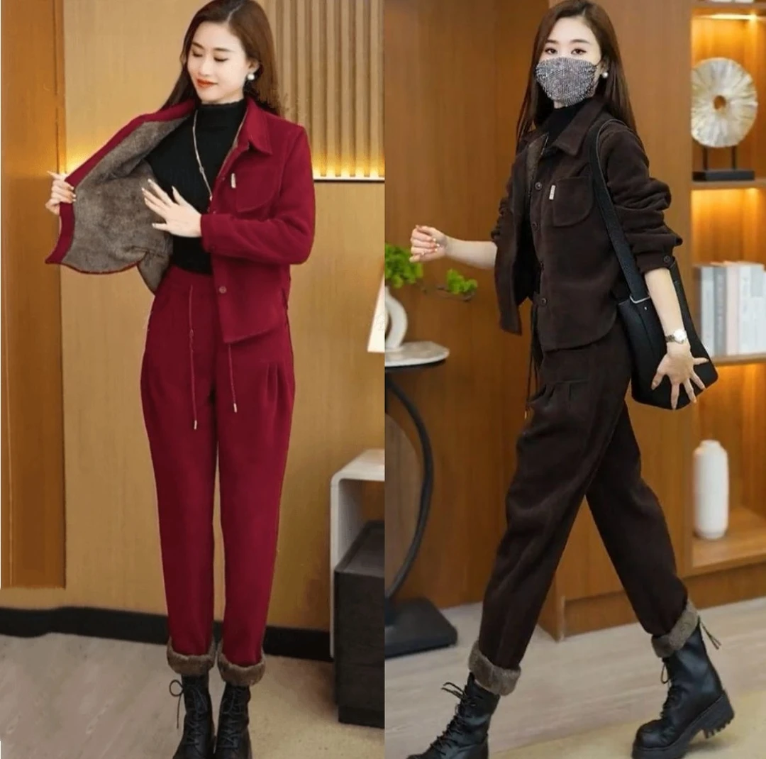 冬季加绒保暖时尚套装女新款妈妈装减龄灯芯绒外套加厚高档两件套