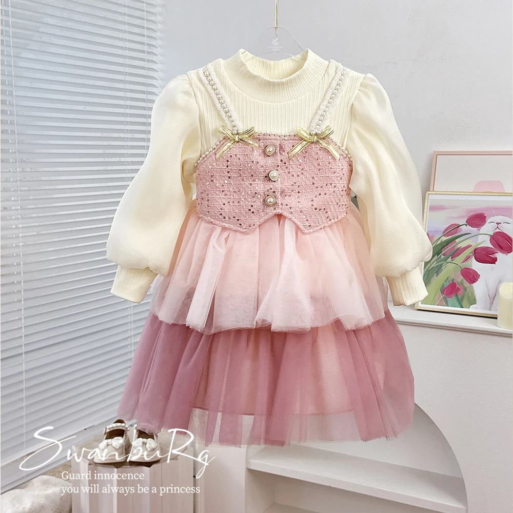 【Y.r1067】冬季女童假两件小香蓬蓬网纱公主裙女童气质加绒连衣裙