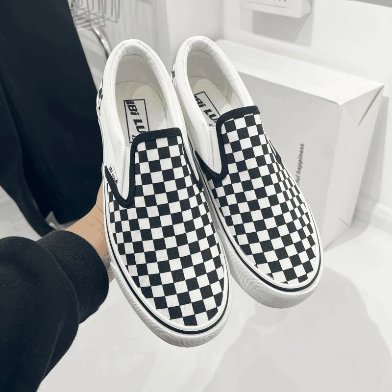 李宁飞电布鞋男款夏季棋盘格一脚蹬帆布鞋男女情侣款休闲潮流