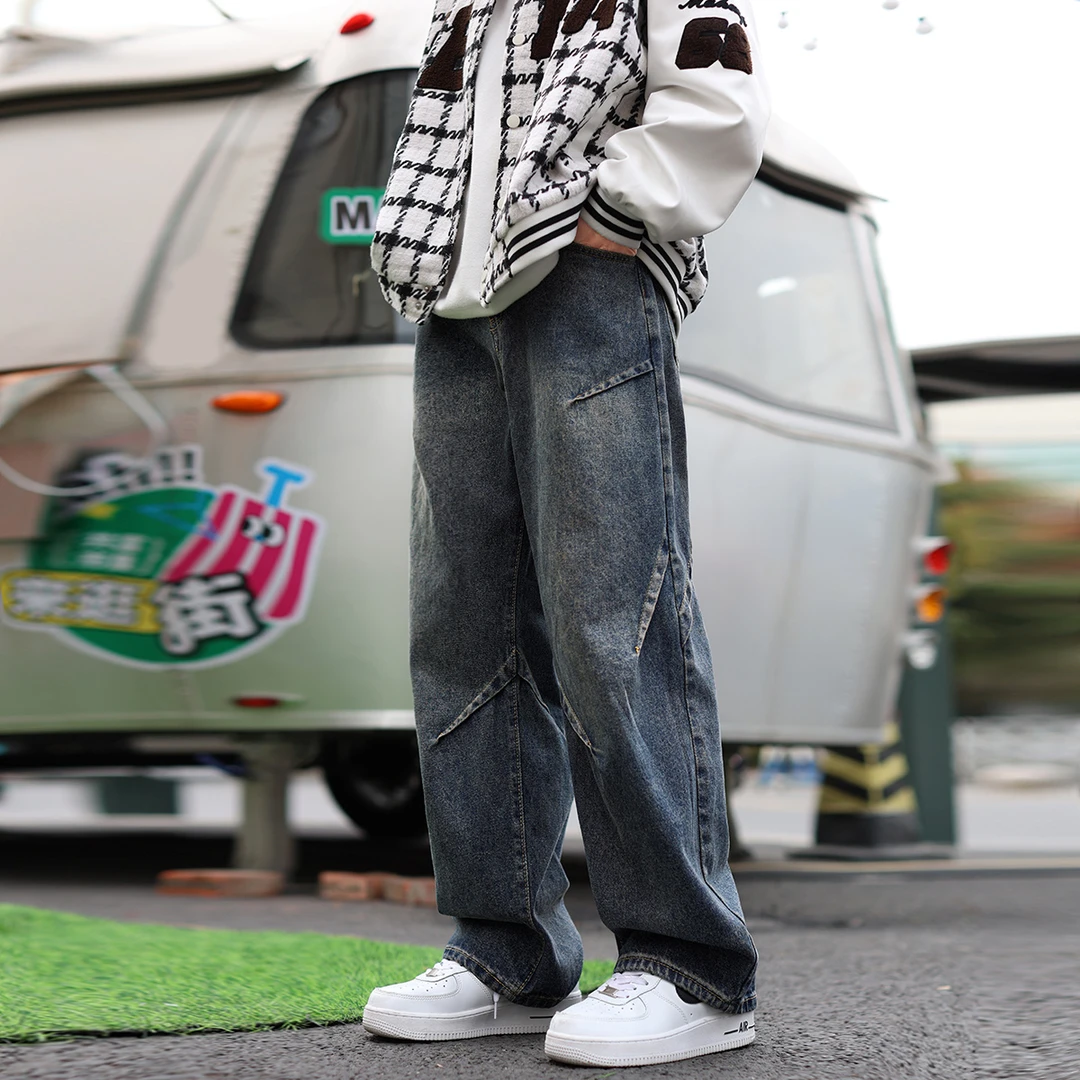 雪花洗复古拖地牛仔裤男士秋冬季宽松男裤春秋款美式阔腿休闲长裤