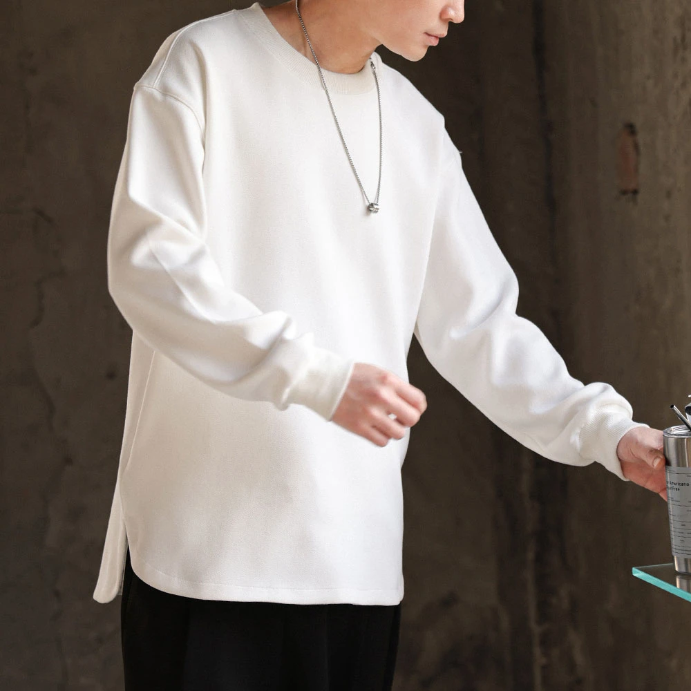 圆领卫衣男秋季宽松套头长袖上衣隐藏口袋简约百搭白色休闲体恤男